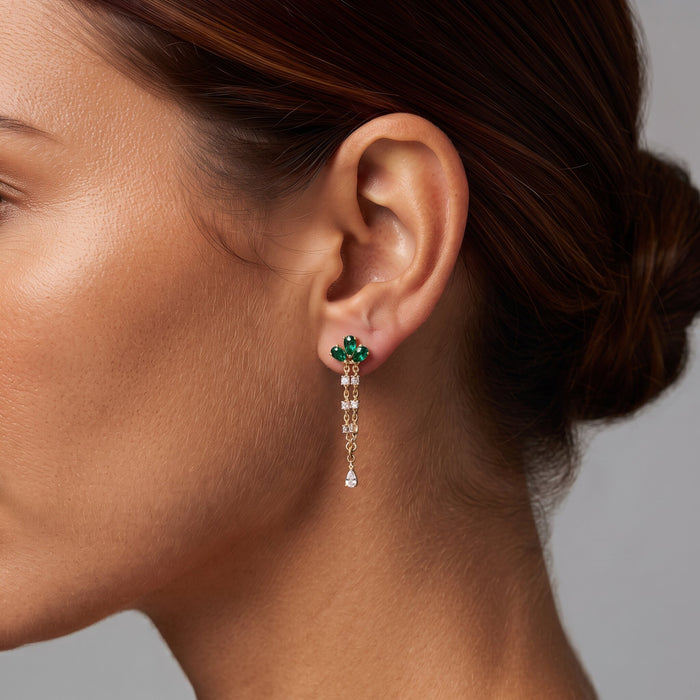 Emerald Cluster Chain Drop Earrings in 14K Yellow Gold