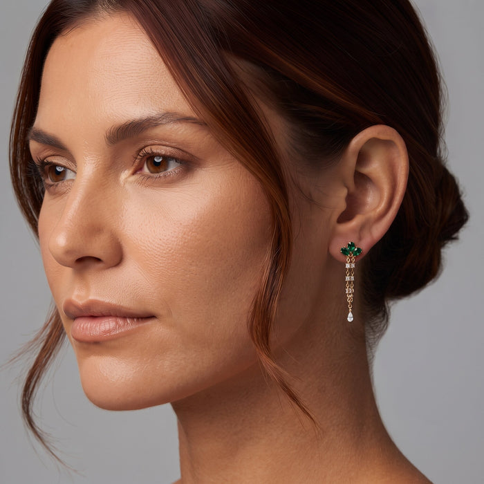 Emerald Cluster Chain Drop Earrings in 14K Yellow Gold