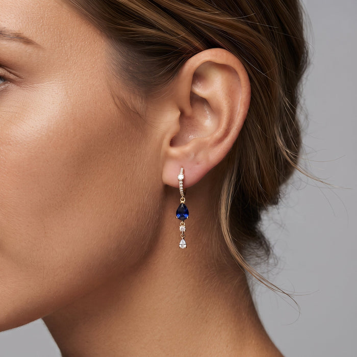 Celeste Pear 14K (or 18k upon request) Yellow Gold Blue Sapphire Diamond Drop Earrings