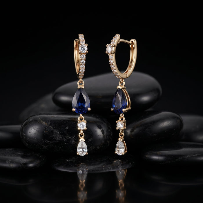 Celeste Pear 14K (or 18k upon request) Yellow Gold Blue Sapphire Diamond Drop Earrings