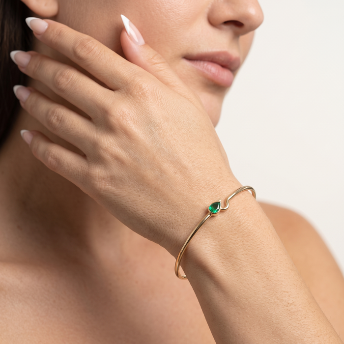 Minimalist Bangle Pear Shaped Emerald Bracelet in 14K Yellow Gold
