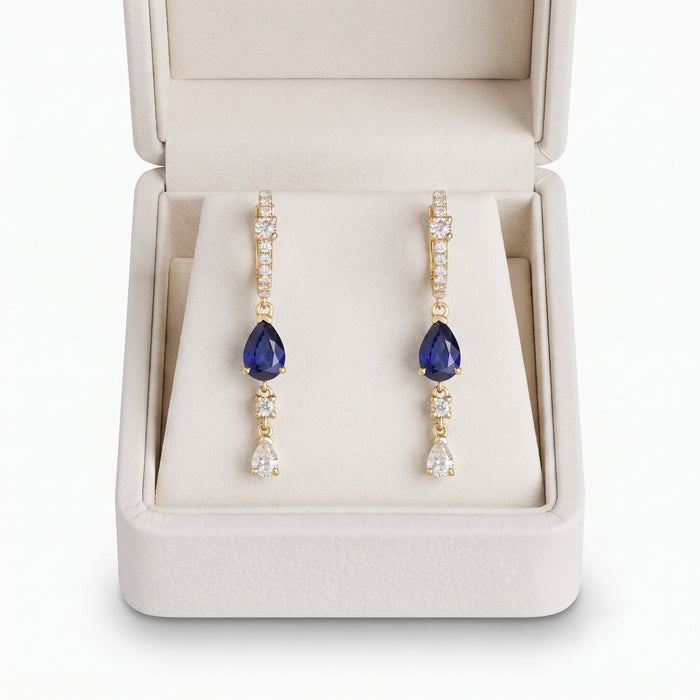 Celeste Pear 14K (or 18k upon request) Yellow Gold Blue Sapphire Diamond Drop Earrings