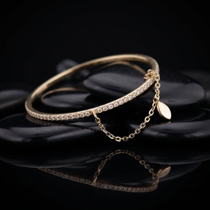 Slim Diamond Bangle Safety Chain Bracelet in 14K Yellow Gold