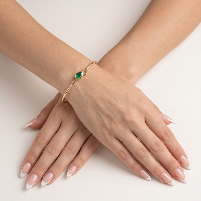 Minimalist Bangle Pear Shaped Emerald Bracelet in 14K Yellow Gold