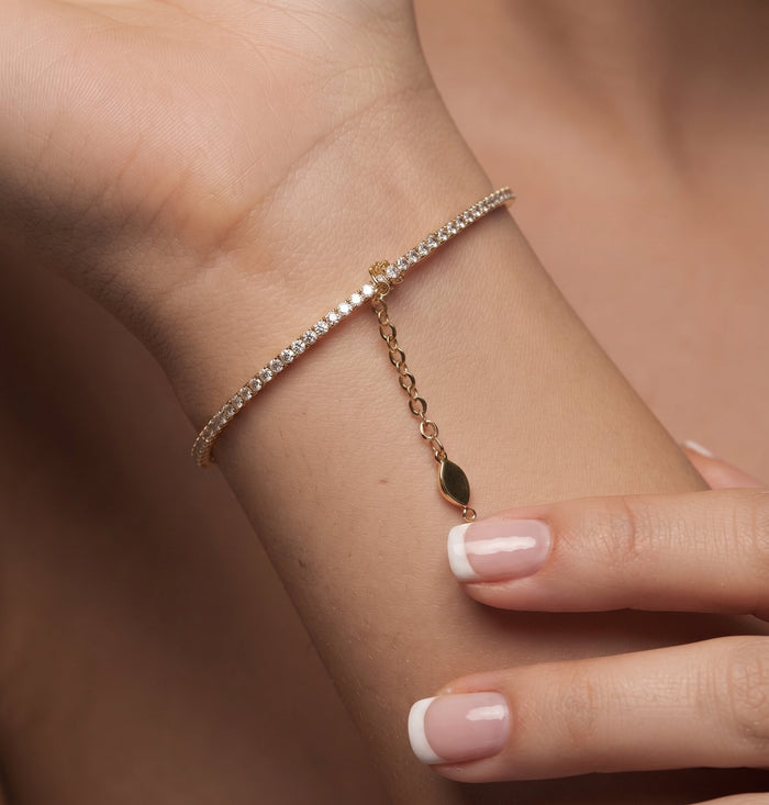 Slim Diamond Bangle Safety Chain Bracelet in 14K Yellow Gold