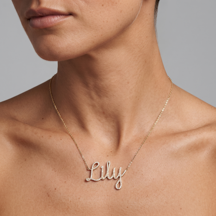Diamond Letter Lily Pendant Necklace in 14K Yellow Gold