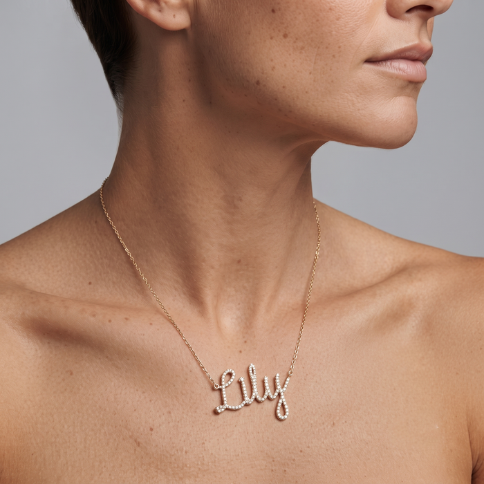 Diamond Letter Lily Pendant Necklace in 14K Yellow Gold