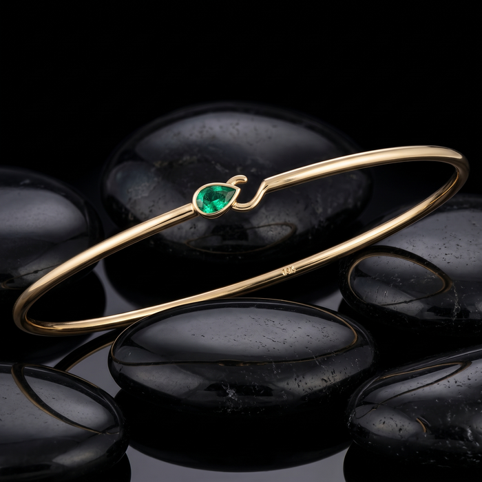 Minimalist Bangle Pear Shaped Emerald Bracelet in 14K Yellow Gold