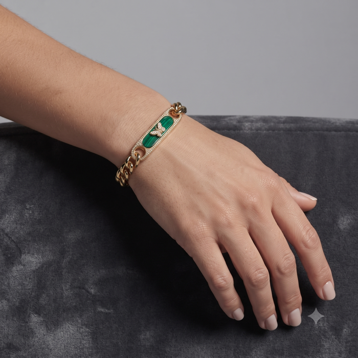 Malachite Butterfly Curb Chain Bracelet in 14K Yellow Gold