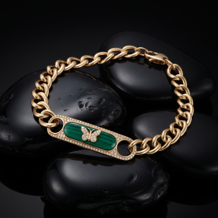 Malachite Butterfly Curb Chain Bracelet in 14K Yellow Gold
