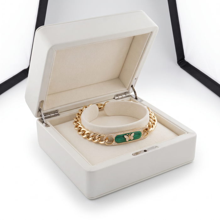 Malachite Butterfly Curb Chain Bracelet in 14K Yellow Gold