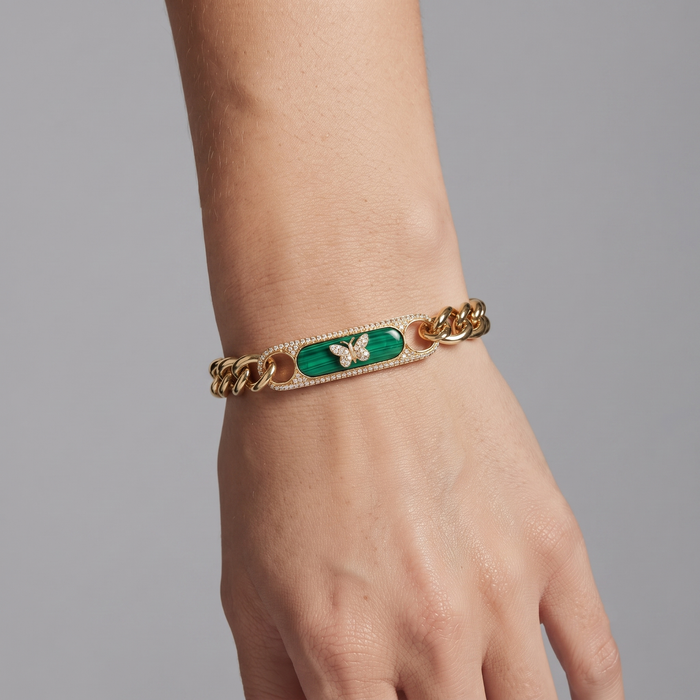 Malachite Butterfly Curb Chain Bracelet in 14K Yellow Gold