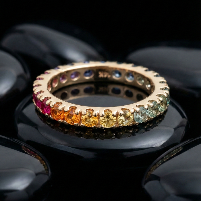 Exquisite Multi-Color Sapphire 14K (18K Custom) Gold Eternity Band Ring