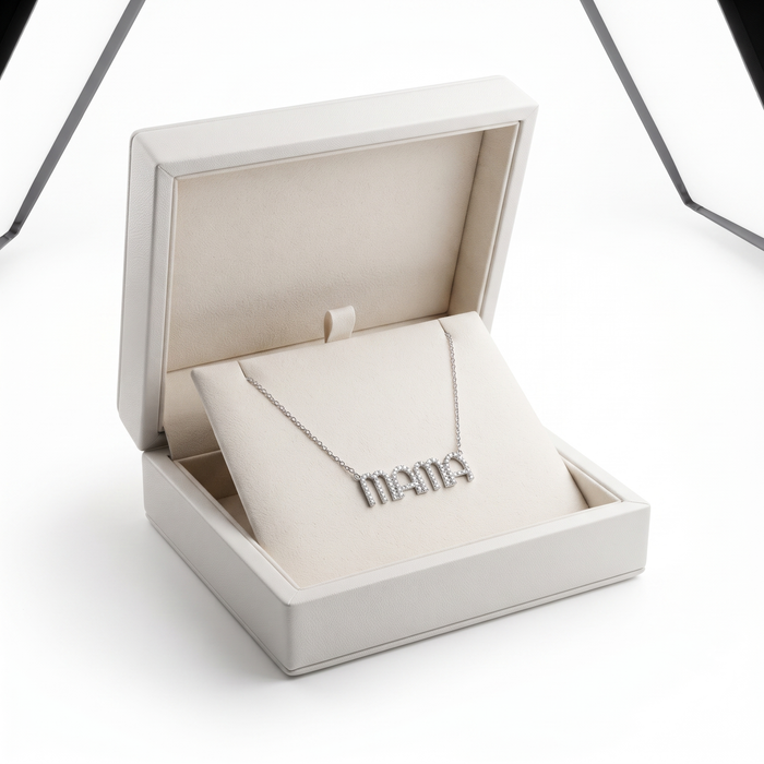 Stylish Round Diamond Mama Letter Necklace in 14K White Gold