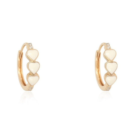 White Diamond Enamel Huggies Heart Earrings in 14K Yellow Gold