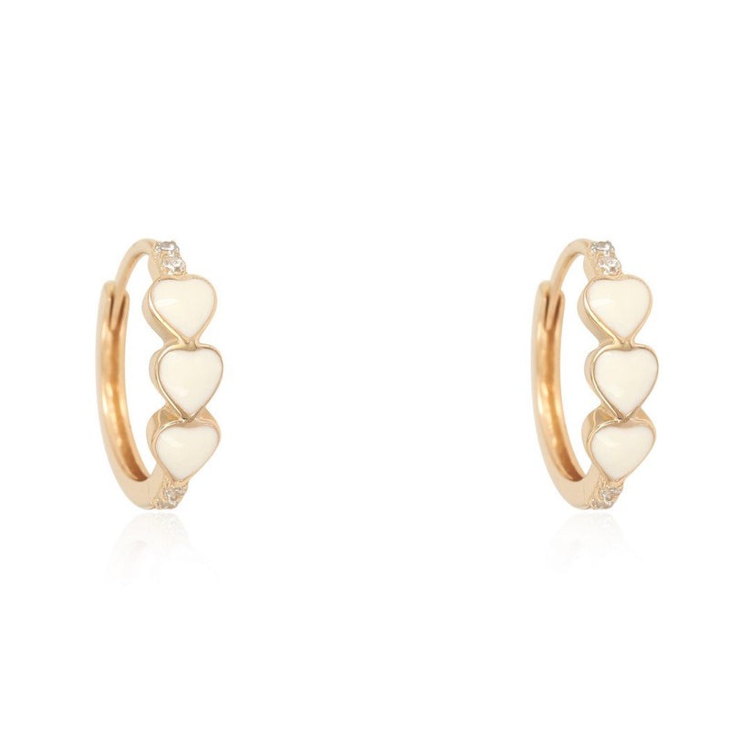 White Diamond Enamel Huggies Heart Earrings in 14K Yellow Gold