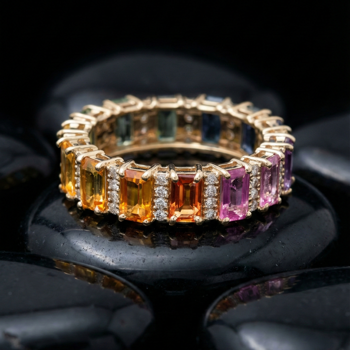 Elegant Multi-Color Sapphire & Diamond 14K Gold Band Ring