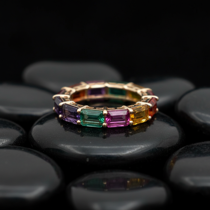 Colorful Sapphire Baguette 14K Gold Eternity Ring