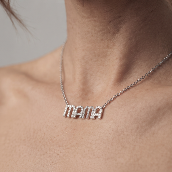 Stylish Round Diamond Mama Letter Necklace in 14K White Gold