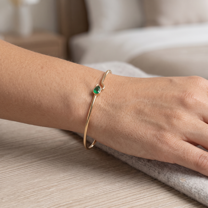 Minimalist Bangle Pear Shaped Emerald Bracelet in 14K Yellow Gold