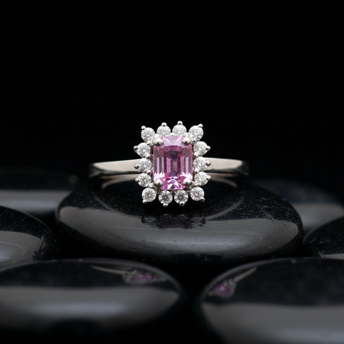 Pink Sapphire Emerald-Cut Diamond Halo Ring in 14K White Gold