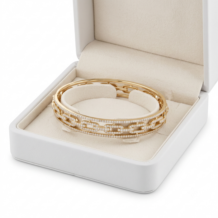 Triple Row Chain Link Diamond Bangle Bracelet in 14K Yellow Gold