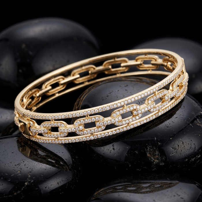 Triple Row Chain Link Diamond Bangle Bracelet in 14K Yellow Gold