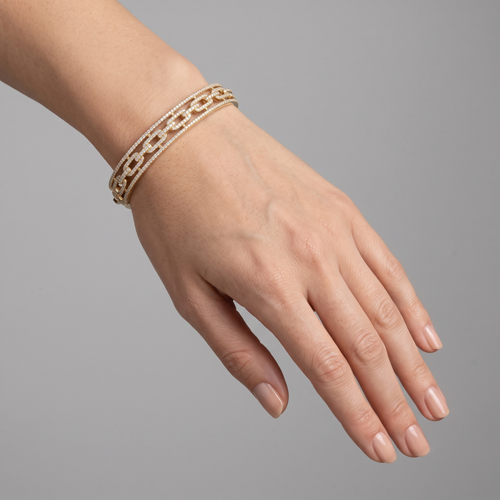 Triple Row Chain Link Diamond Bangle Bracelet in 14K Yellow Gold