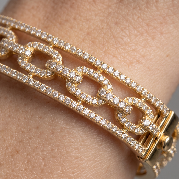 Triple Row Chain Link Diamond Bangle Bracelet in 14K Yellow Gold