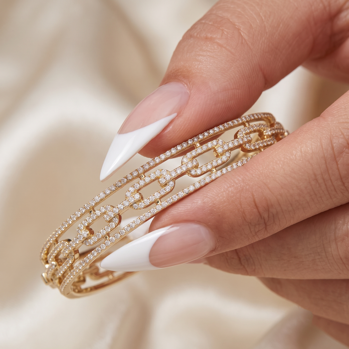 Triple Row Chain Link Diamond Bangle Bracelet in 14K Yellow Gold