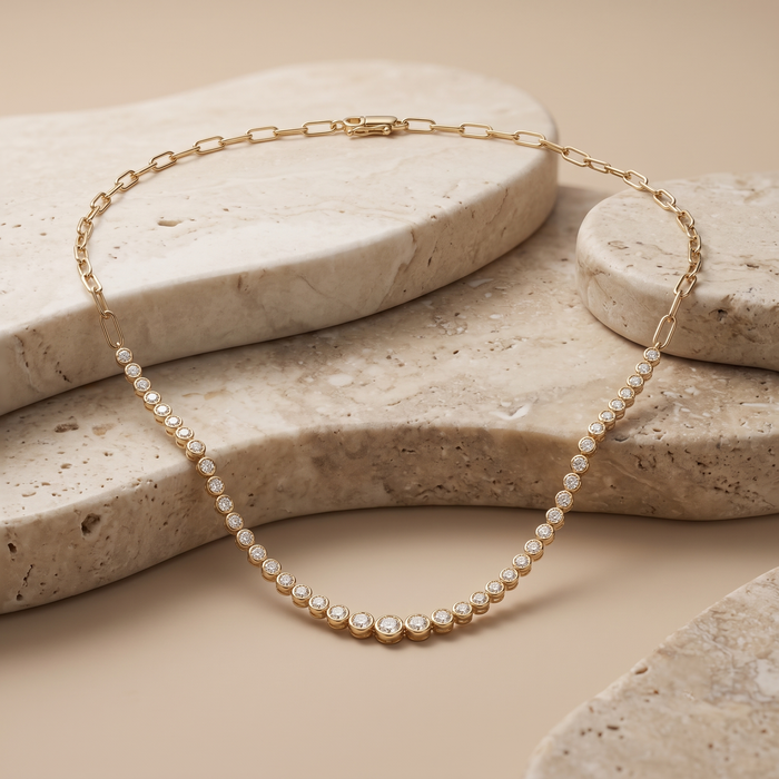 Bezel Paper Clip Adjustable Tennis Necklace in 14K Yellow Gold