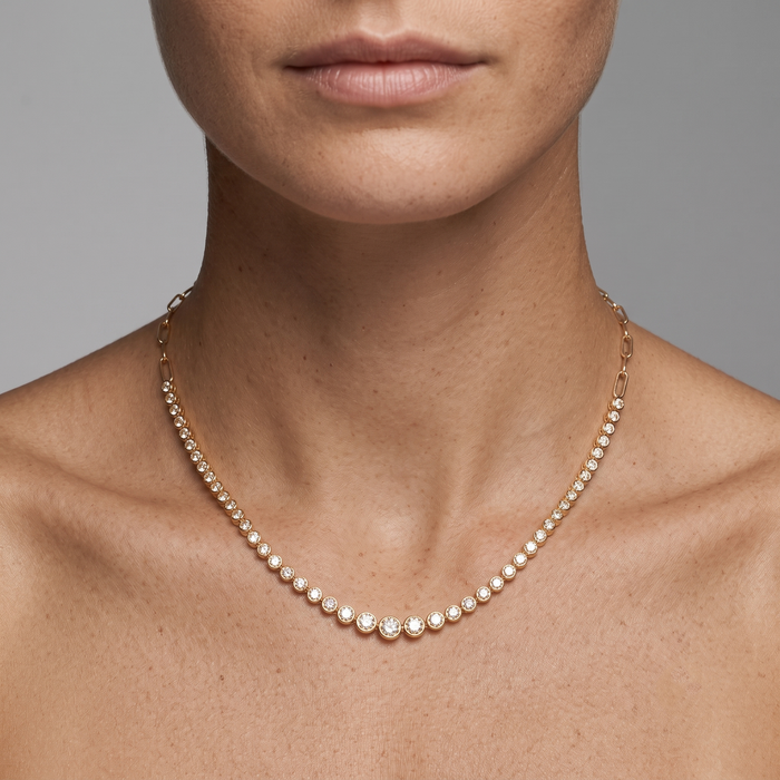 Bezel Paper Clip Adjustable Tennis Necklace in 14K Yellow Gold