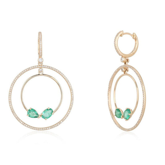 Double Orbit Emerald Diamond Drop Earrings in 14K Yellow Gold