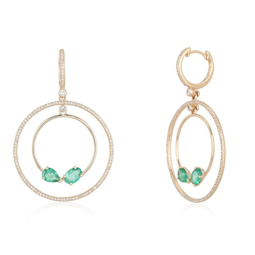 Double Orbit Emerald Diamond Drop Earrings in 14K Yellow Gold