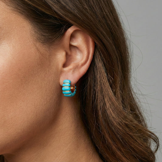 Chunky Turquoise Enamel Hoop Earrings in 14K Yellow Gold