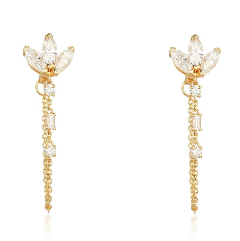 Marquise Diamond Petal Chain Drop Earrings in 14K Yellow Gold