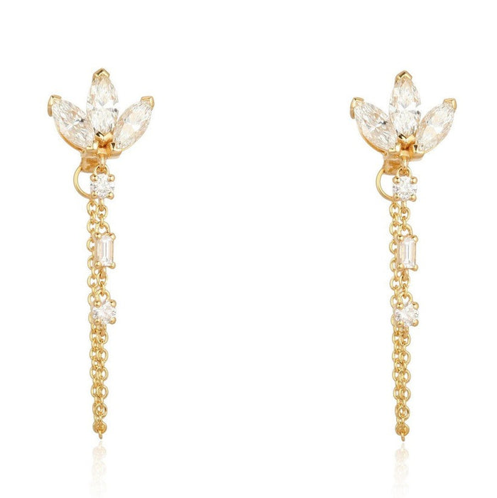 Marquise Diamond Petal Chain Drop Earrings in 14K Yellow Gold