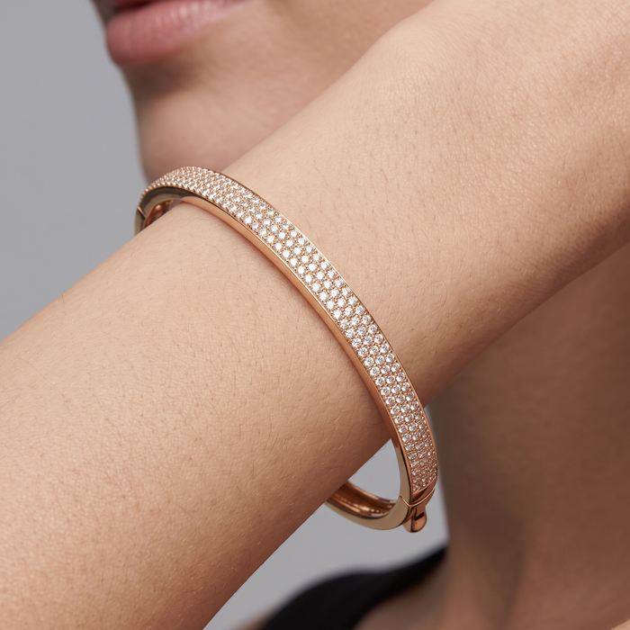 Micro Pave Diamond Oval Bangle Bracelet in 14K Yellow Gold