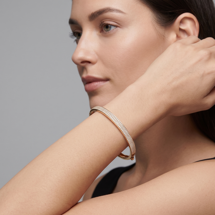 Micro Pave Diamond Oval Bangle Bracelet in 14K Yellow Gold