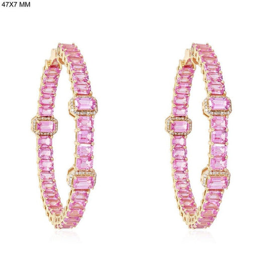 Starry Pink Diamond Hoop Earrings in 14K Yellow Gold