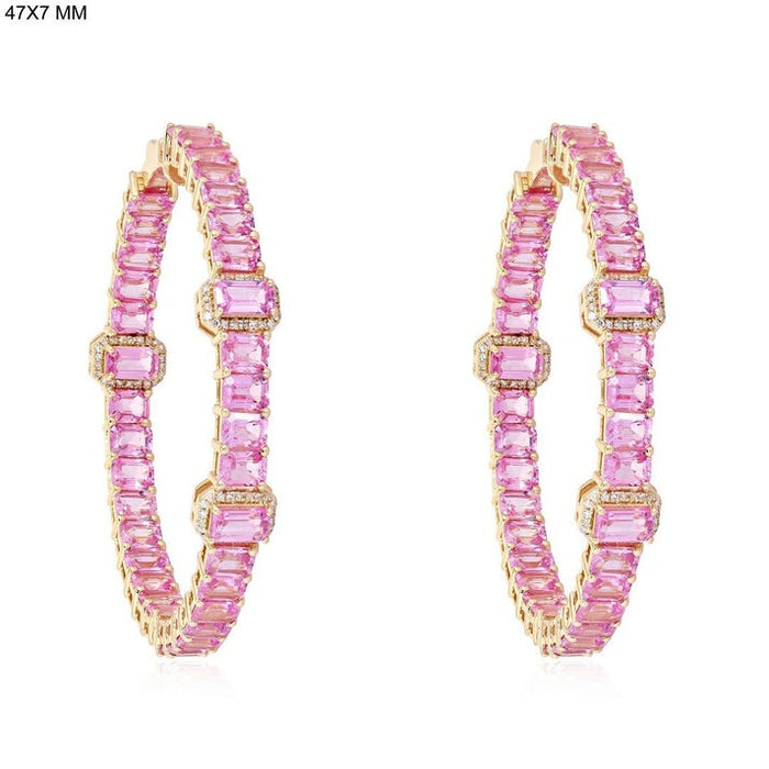 Starry Pink Diamond Hoop Earrings in 14K Yellow Gold