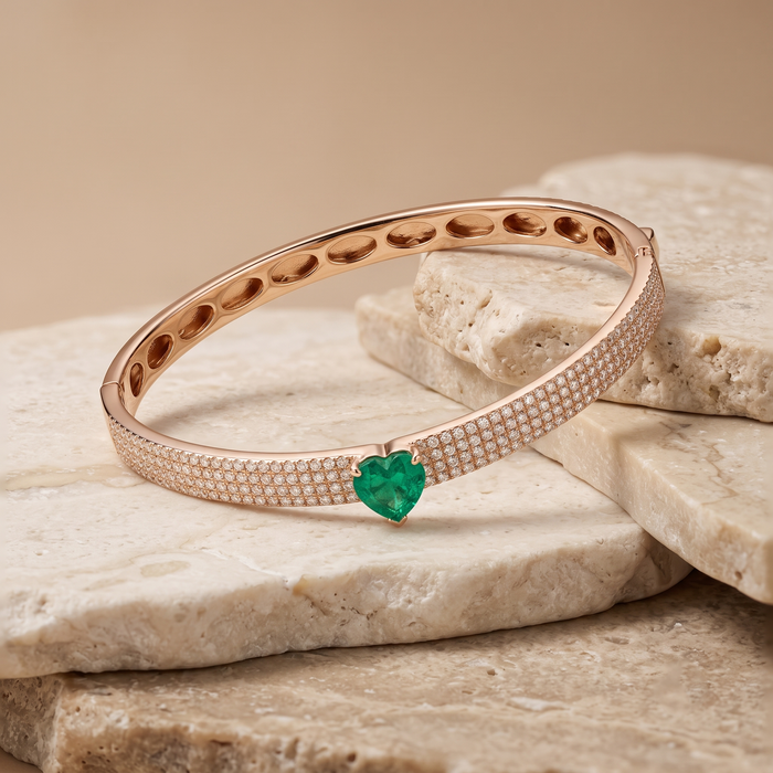 Green Heart Emerald Bangle Bracelet in 14K Yellow Gold