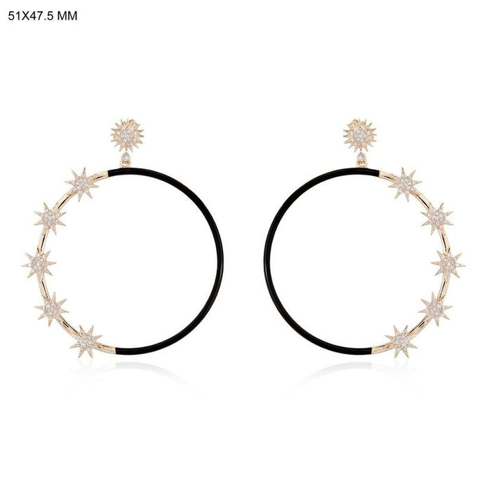Black Enamel Starburst Hoop Earrings in 14K Yellow Gold