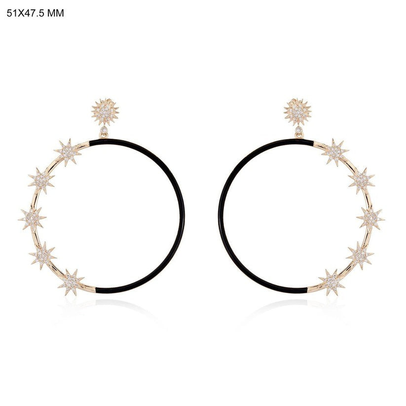 Black Enamel Starburst Hoop Earrings in 14K Yellow Gold
