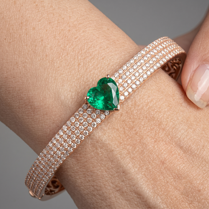 Green Heart Emerald Bangle Bracelet in 14K Yellow Gold