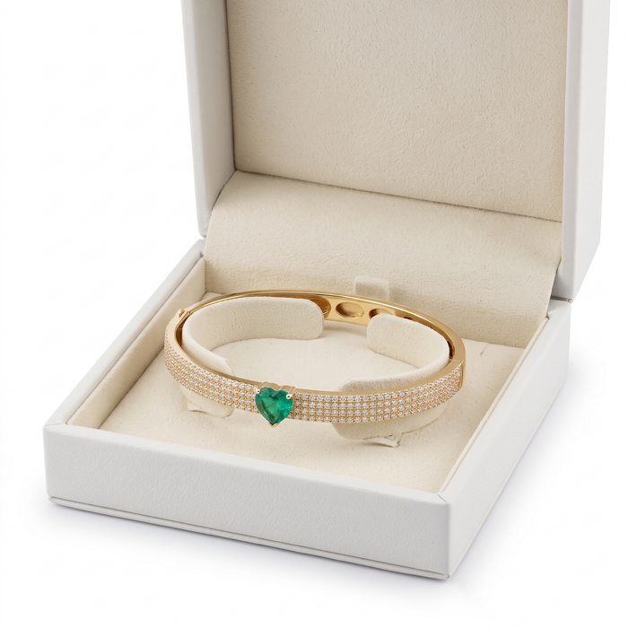 Green Heart Emerald Bangle Bracelet in 14K Yellow Gold