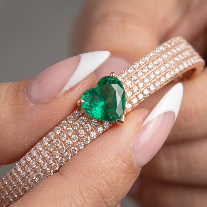 Green Heart Emerald Bangle Bracelet in 14K Yellow Gold