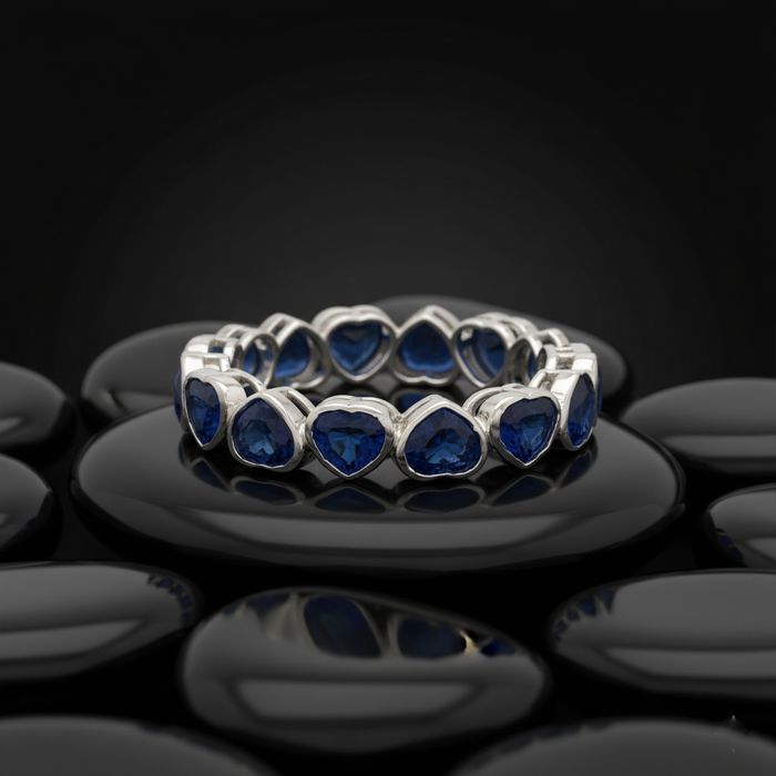 Heart Blue Sapphire 14K White Gold (18K Custom) Bezel Eternity Ring