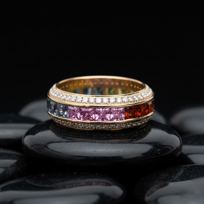 Distinctive Multicolor Sapphire 14K Gold Band Ring
