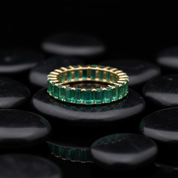 Emerald Cut Green Emerald 14K (18K Custom) Gold Full Eternity Band Ring